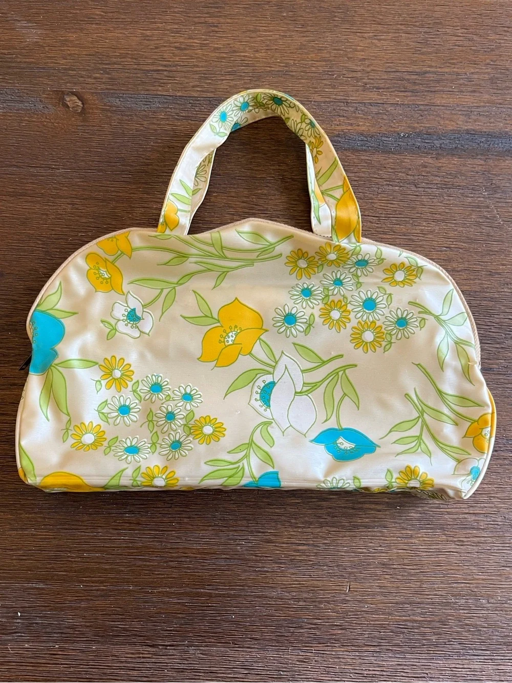 Vintage Retro Blue & Yellow Floral Makeup Travel Bag | 9-1/2”